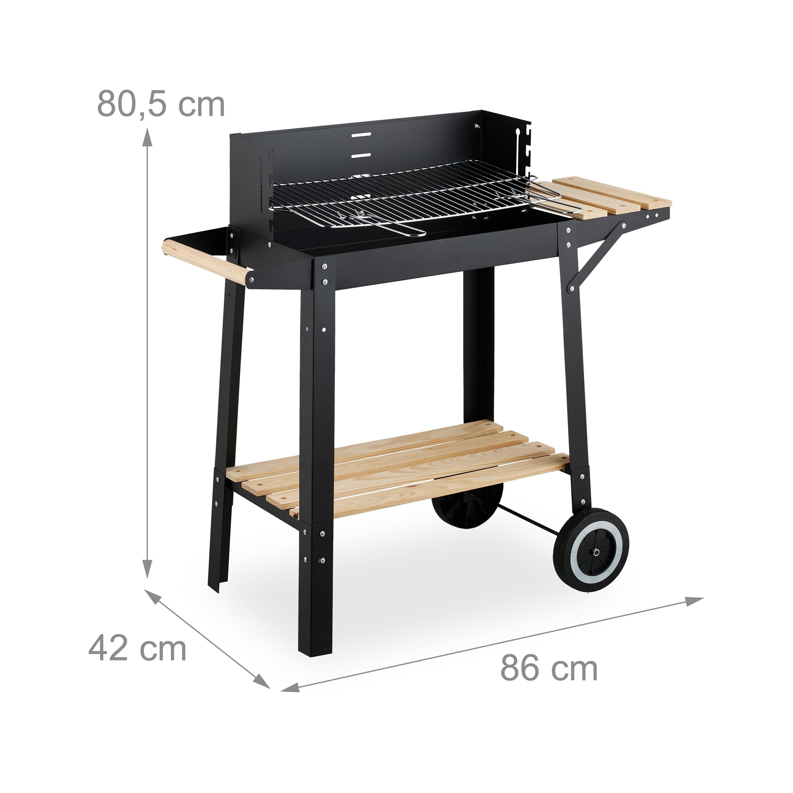 Relaxdays Grill na węgiel drzewny z kołami, regulowany grill z osłoną przeciwsłoneczną, 2 półki, HLP 80,5 x 86 x 42 cm, stal, drewno, tworzywo sztuczne