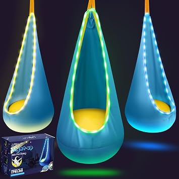 Light Up Kids Pod Swing Seat, Kids Hanging Hammock Swing with LED Lights, Sensory Pod Swing Chair with Inflatable Pillow & All Accessories, Pod Swing for Kids Indoor & Outdoor Light Blue