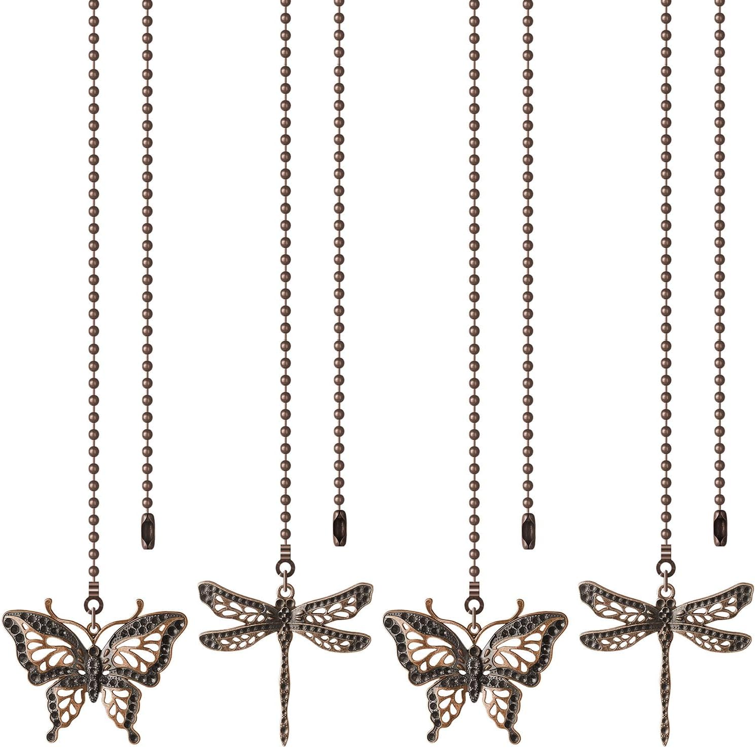 Ceiling Fan Pull Chain, 4 Pack Copper Dragonfly Fan Pull Chain Extension, 12 Inches Decorative Chain Pulls Pendant for Ceiling Light Fan Lamp, Beads Ball Chain Extender with Connector