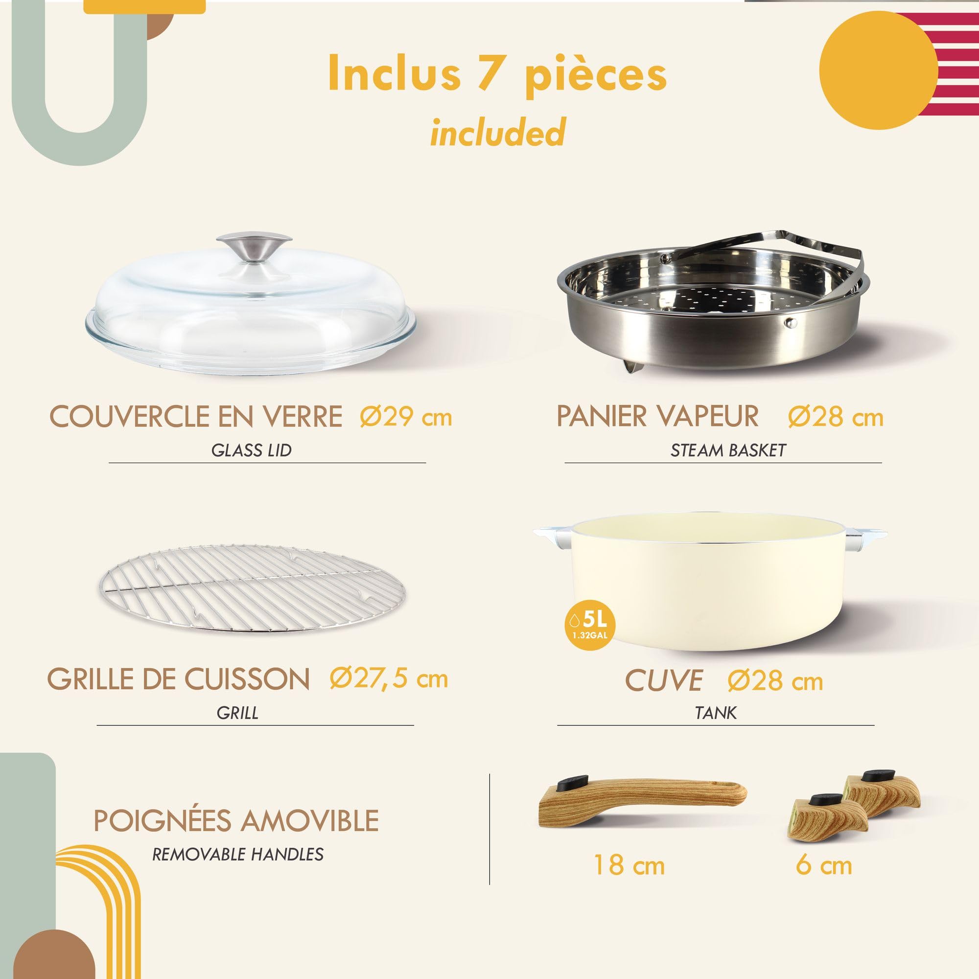 MENASTYL - Set culinaire multi-usages amovible Crème 28cm en aluminium - Ustensile tout-en-un compatible tous feux et lave-vaisselle - Revêtement en céramique - 6020897