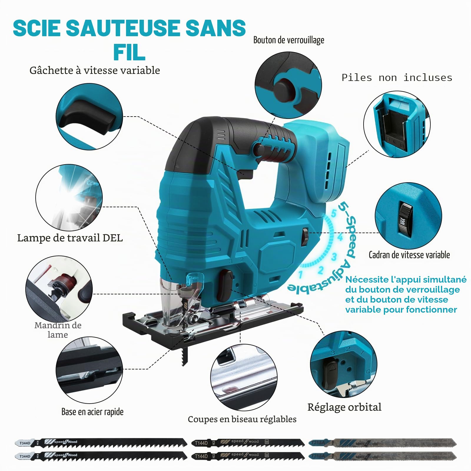 Scie sauteuse sans fil pour Makita 18 V, scie électrique excentrée sans balais de 800 W avec 5 vitesses variables, angle de coupe à angle de ±45°, 6 lames de scie à manche en T (sans batterie)