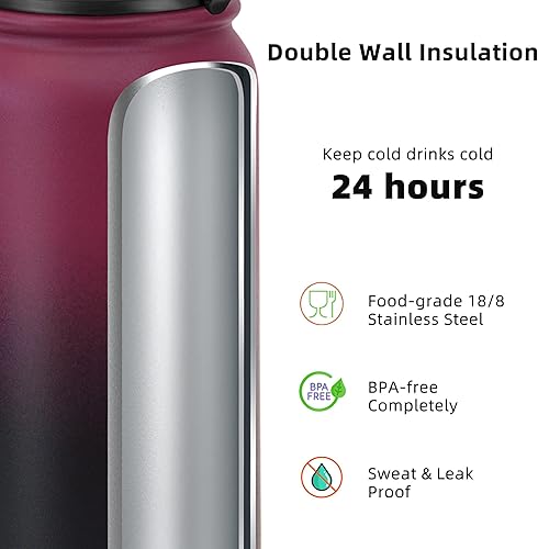 Miniatura 4 de Fanhaw Botella de agua aislada para llevar 2 tapas apta para lavavajillas de acero inoxidable de 20 onzas doble pared al vacío a prueba de fugas y