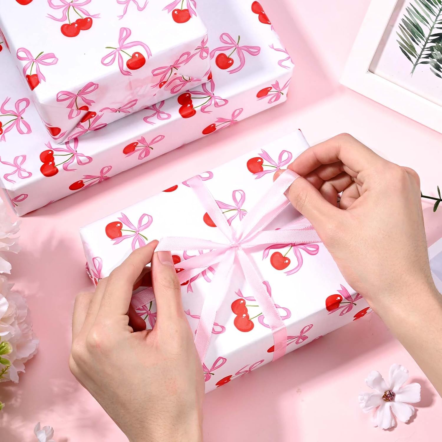 100Pcs Pink Bow Cherry Tissue Paper Sweet Bowknots Red Cherry Printed Tissue Paper for Birthday Party Bags DIY Craft