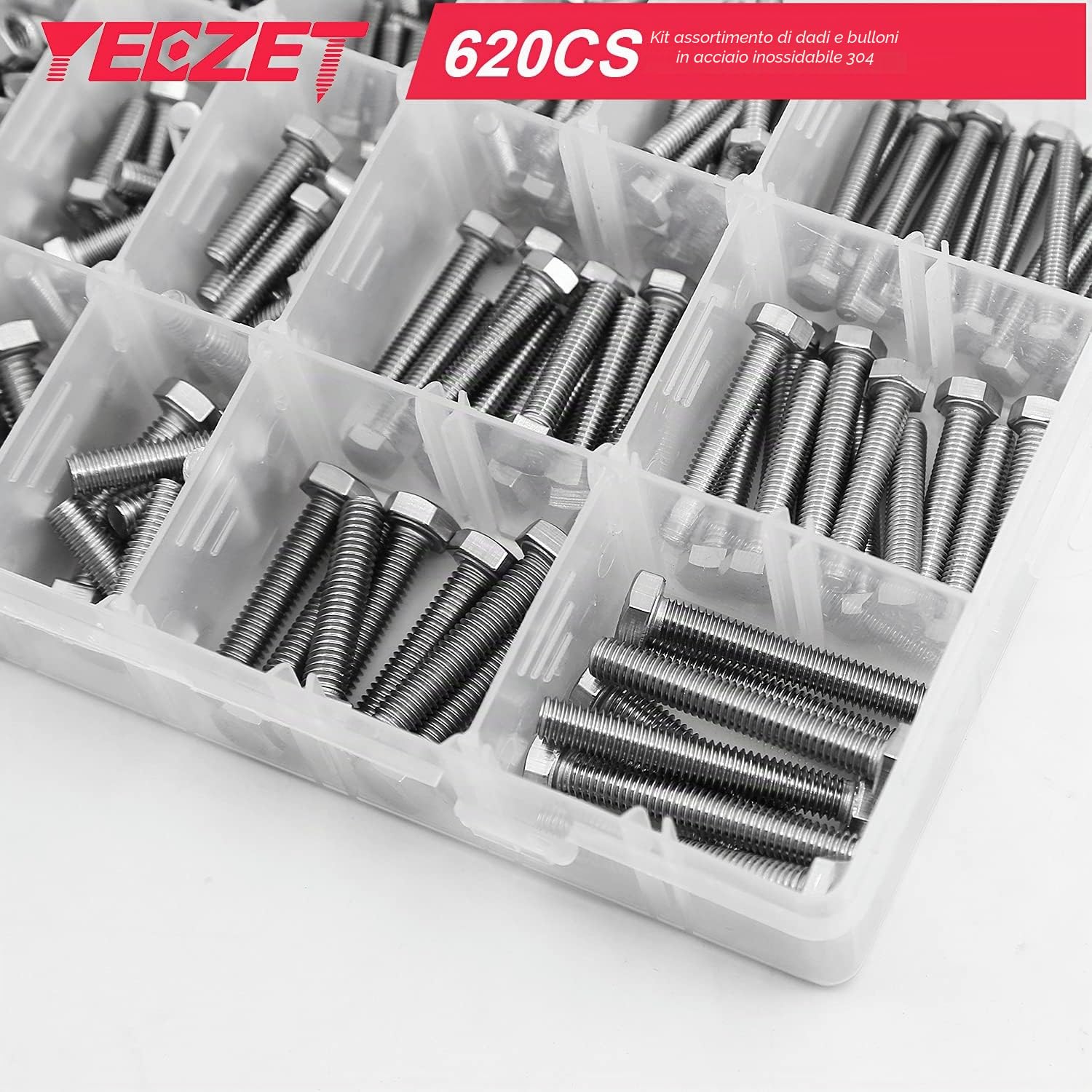 Set di 620 bulloni e dadi robusti M4, M5 e M6, in acciaio inox 304, include 13 misure più comuni