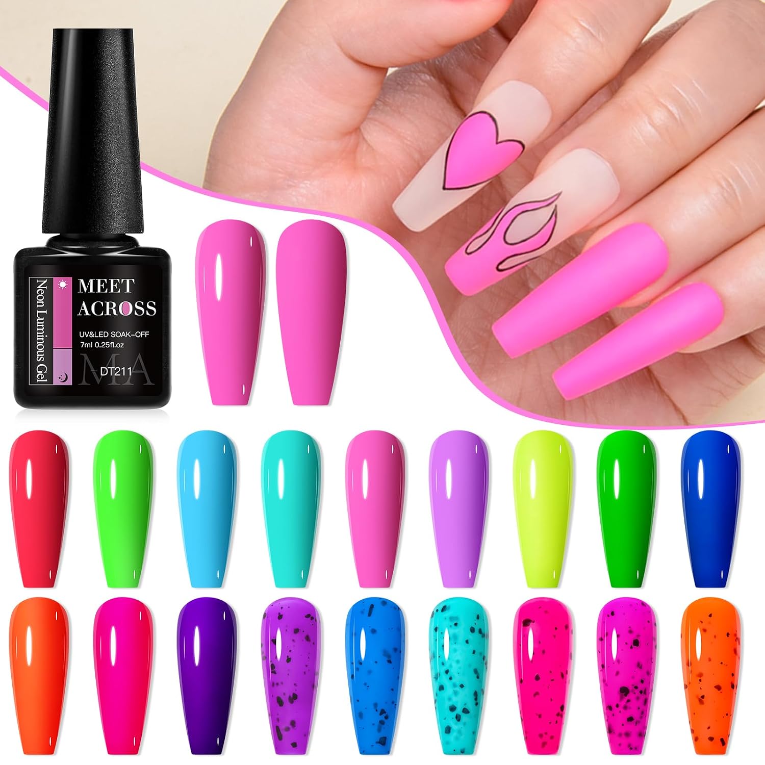 MEET ACROSS 18 Colors Glow in the Dark Gel Nail Polish, Halloween Neon Luminous Gel Polish Set Purple Blue Orange Glow Effect Eggshell Gel for DIY Nail Art Salon