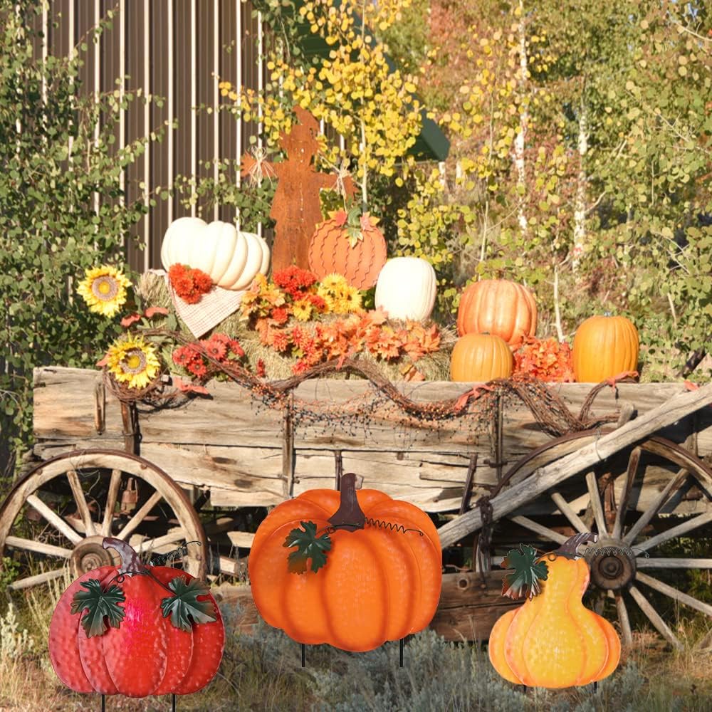 Fall Decorations for Home Outdoor, hogardeck 36" Decorative Garden Stakes with 3 Pumpkins for Fall Decor, Metal Yard Signs for Garden Home Lawn Patio Thanksgiving Decorations : Patio, Lawn & Garden