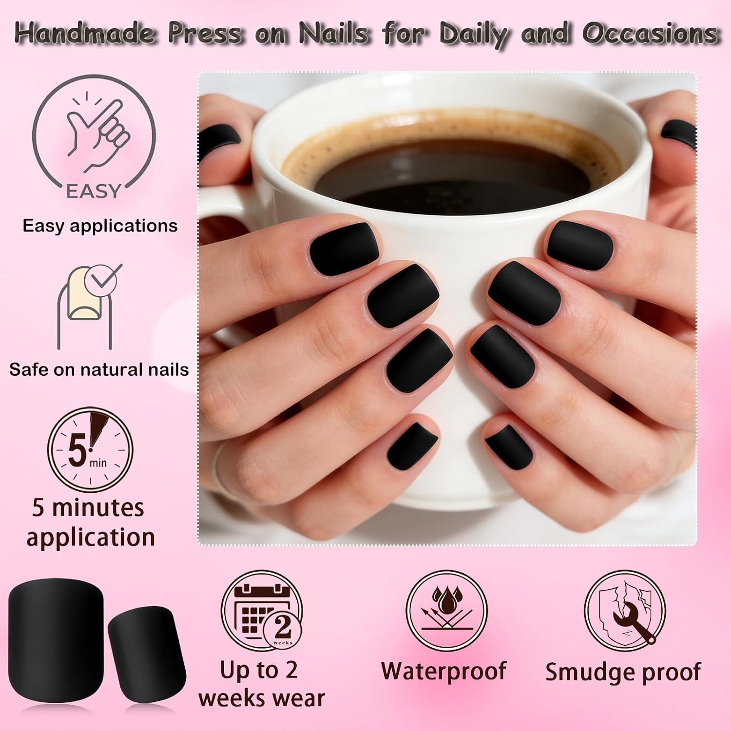 240pc Black Press on Nails Short Square Fake Nail with Glue & Adhesive Tabs, Matte Black Glue on Nails Short Press ons Nail Square Acrylic Nail Press-on False Nail Artificial Fingernails