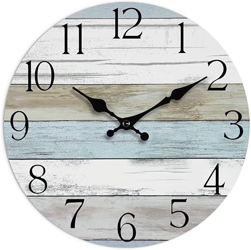 Miniatura 20 de HYLANDA Reloj de pared, 10 pulgadas, silencioso, sin tictac, funciona con pilas, relojes de madera rústicos decorativos para cocina, baño, A-azul