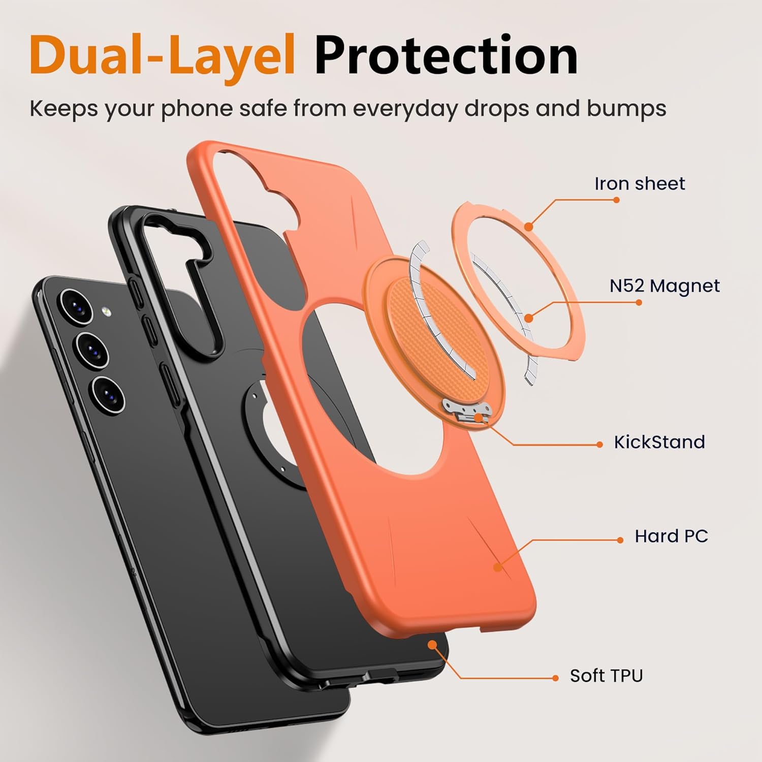 for Galaxy-S23 Case [𝗡𝗼𝘁 𝗙𝗶𝘁 𝗦𝟮𝟯 𝗣𝗹𝘂𝘀], with 2 HD Screen Protectors, Strong Magnetic & Invisible Metal Stand, Dual-Layer Protection, Slim Rugged Phone Case for Galaxys23, Orange - Image 6