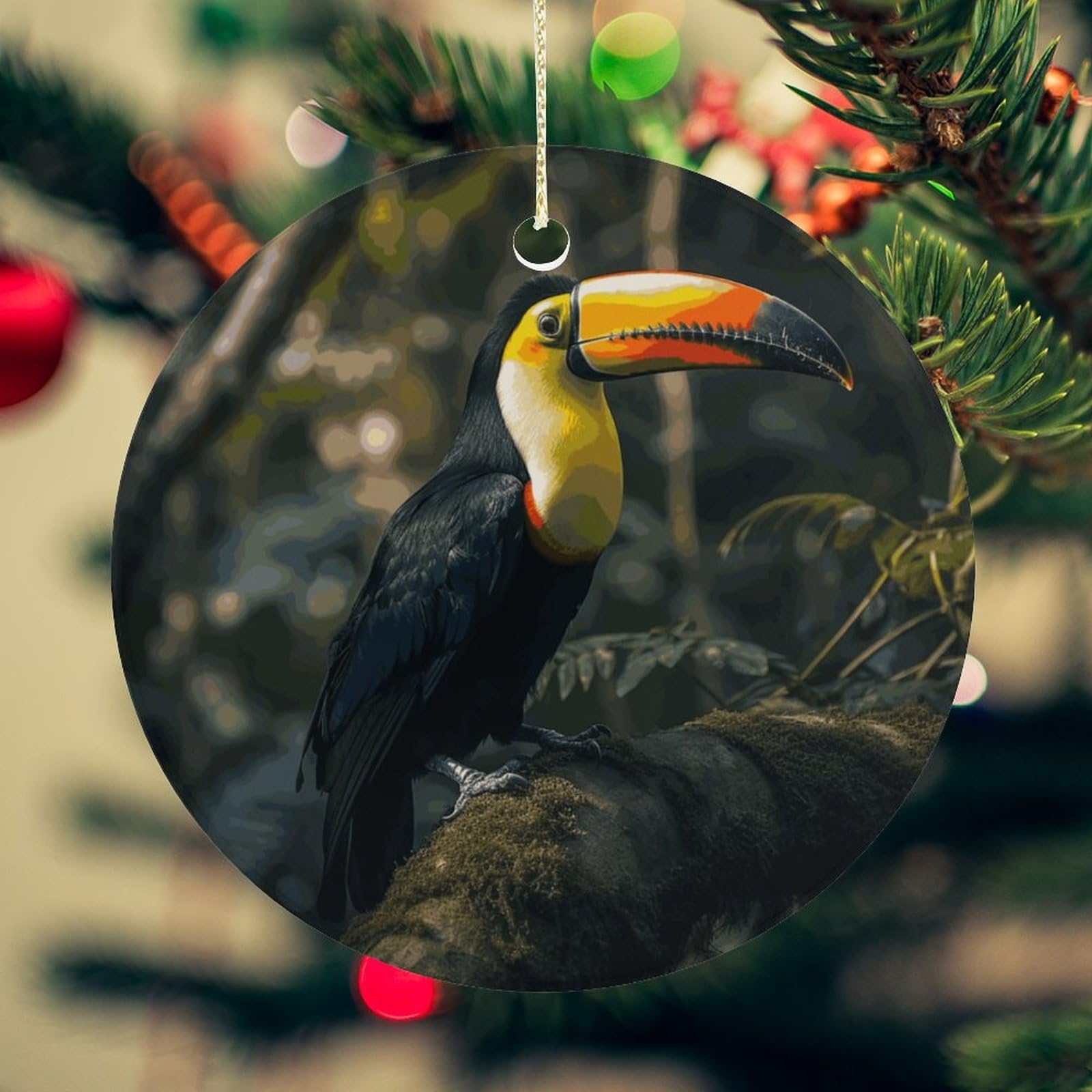 Colorful Toucan Christmas Ornament for Christmas Tree Ceramic Round Ornament Winter Holiday Keepsake Gift 2.7" Christmas Tree Hanging Decorations Circle Ceramic Pendant Xmas Gift