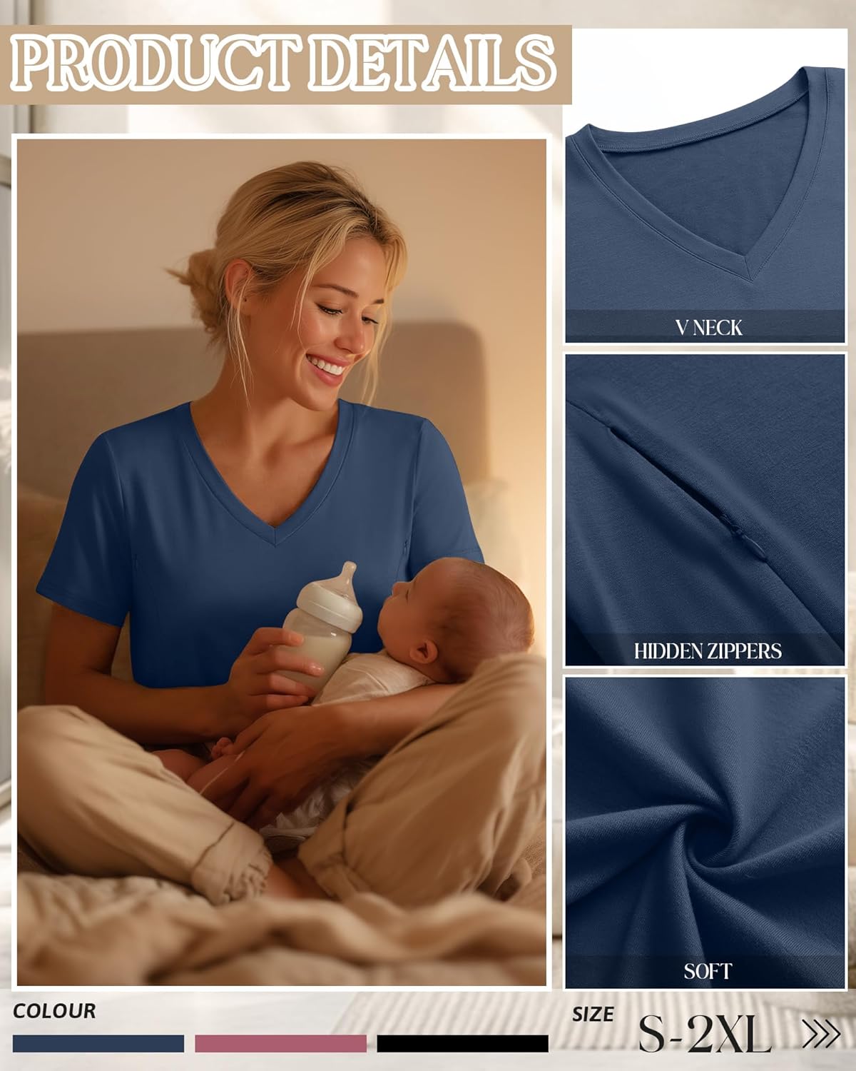 3 Pack Women's Nursing Tops, Hidden Zipper Nursing Shirts for Breastfeeding & Pumping V Neck Short Sleeve - Image 5
