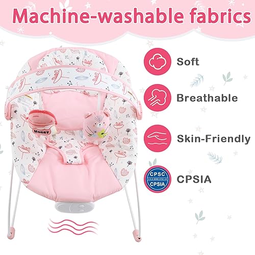 Miniatura 4 de Bouncer para bebés, asiento inflable para bebés con música y vibraciones, balancín para bebés con sonajeros colgantes, oso y maceta de miel para