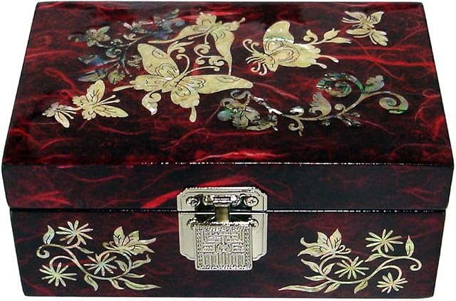 Antique Alive Mother of Pearl Inlay Wooden Butterfly Flower Design Travel Jewellery Case Holder Trinket Keepsake Treasure Gift Box Chest Organizer 