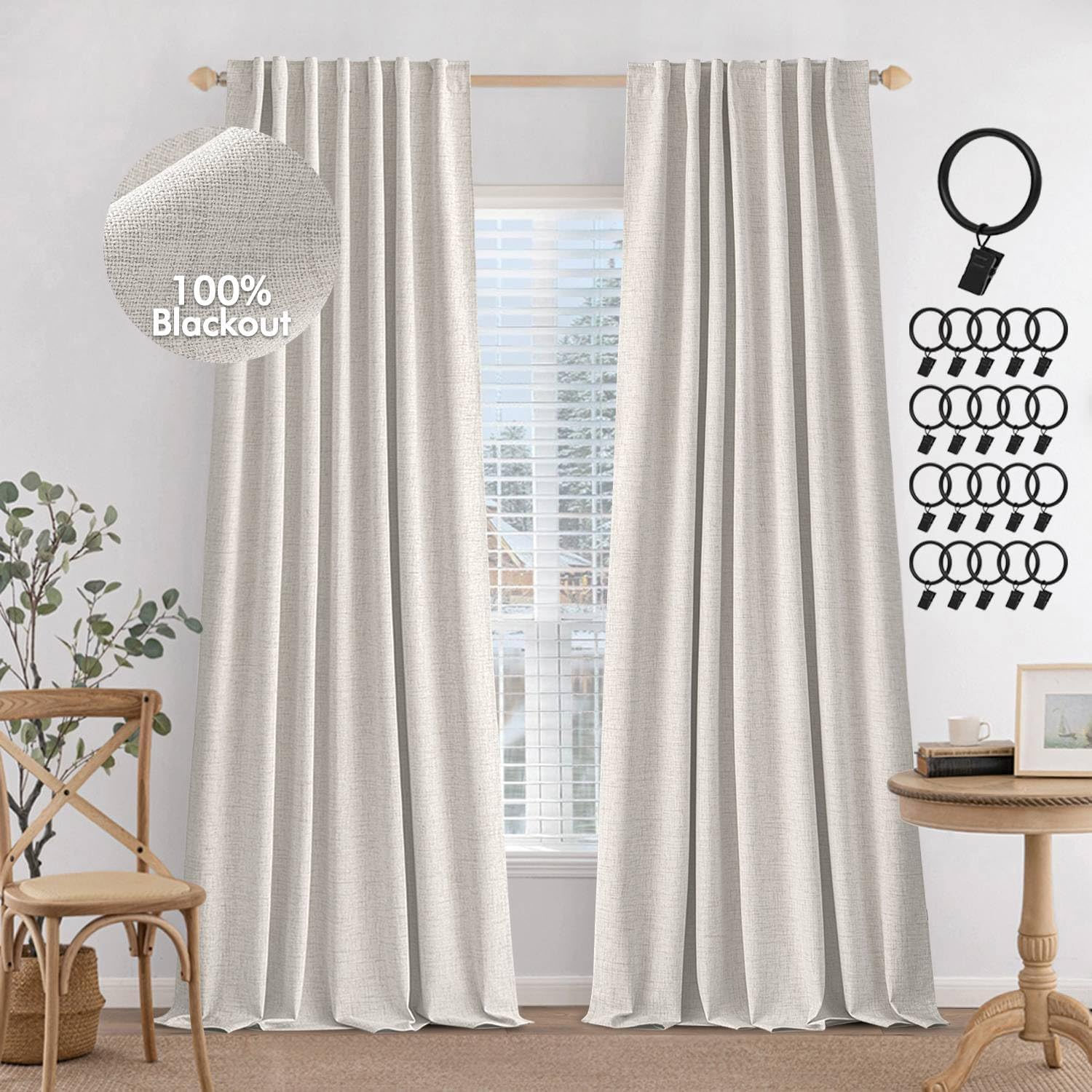 MIULEE 100% Blackout Curtains 90 inches Long Linen Curtains & Drapes for Bedroom Back Tab Living Room Darkening Full Black Out Window Curtain Panels Rod Pocket, Beige, 2 Panels Set 52"W x 90"L (Pack of 2) Beige