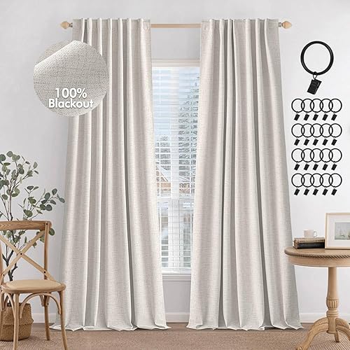 MIULEE Cortinas 100% opacas de 90 pulgadas de largo, cortinas y cortinas de lino para dormitorio, sala de estar, oscurecimiento completo, paneles de