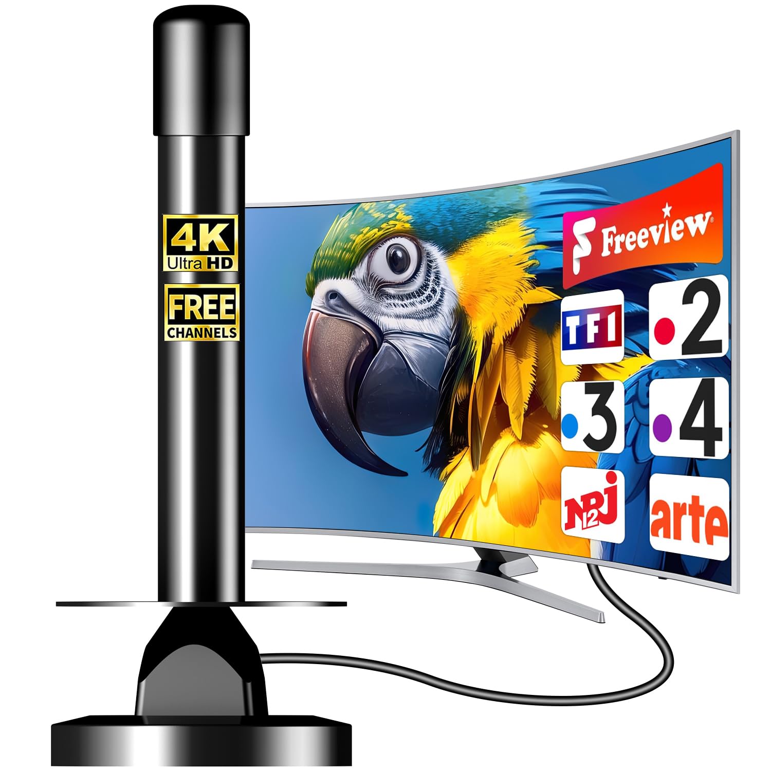 Antena de TV interior potente – Antena TDT HD 4K de largo alcance, recepción 360° estable y fluido, antena de TV digital compatible con DVB-T/T2 con cable coaxial de 5 m (K-FR-250-01-260521)