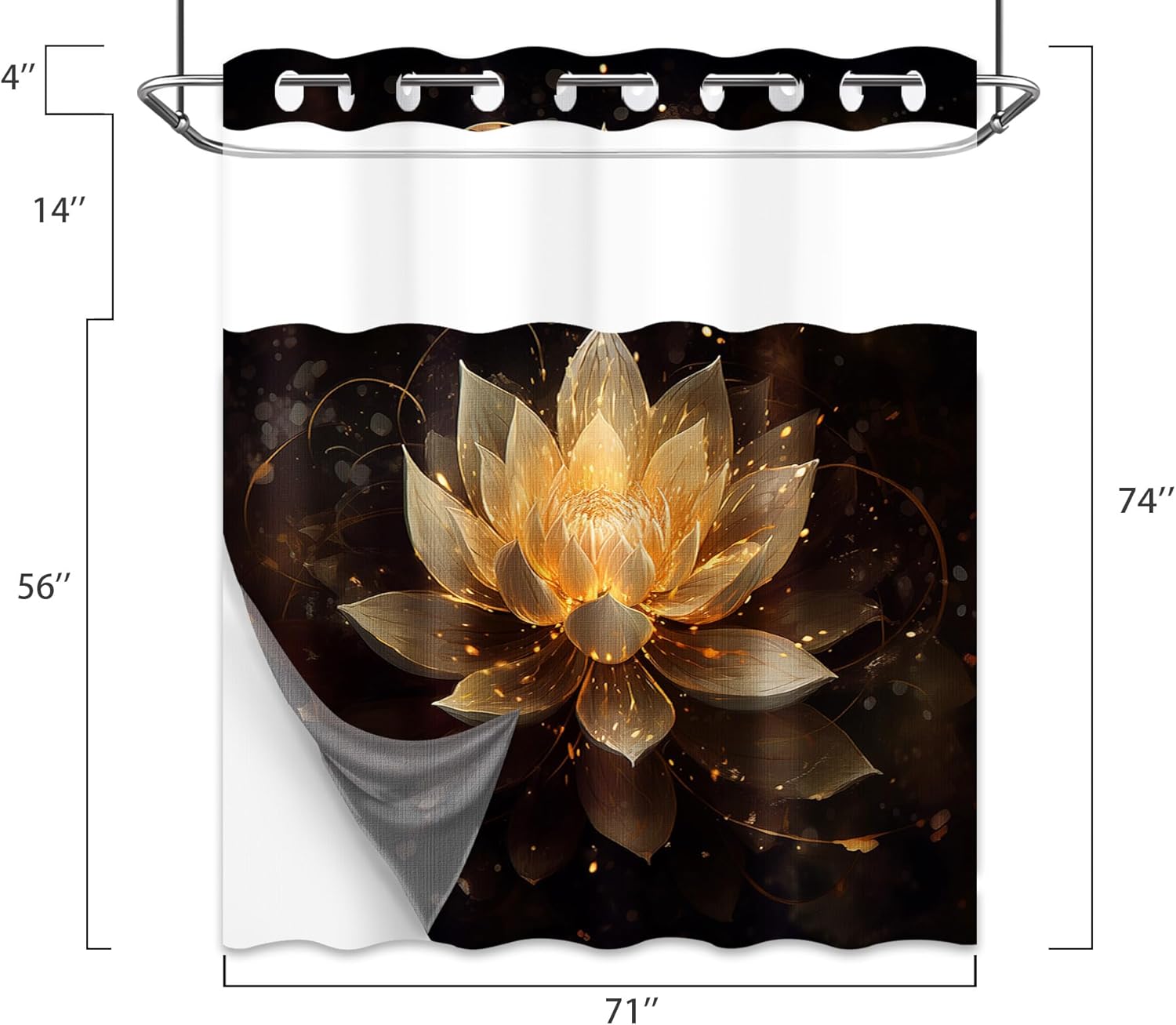 Lotus Hookless Shower Curtain with Snap in Liner, Black and Gold Floral Modern Zen No Hook Shower Curtain and Liner Set, Ringless with Window Waterproof Cloth Fabric, 71" W X 74" L