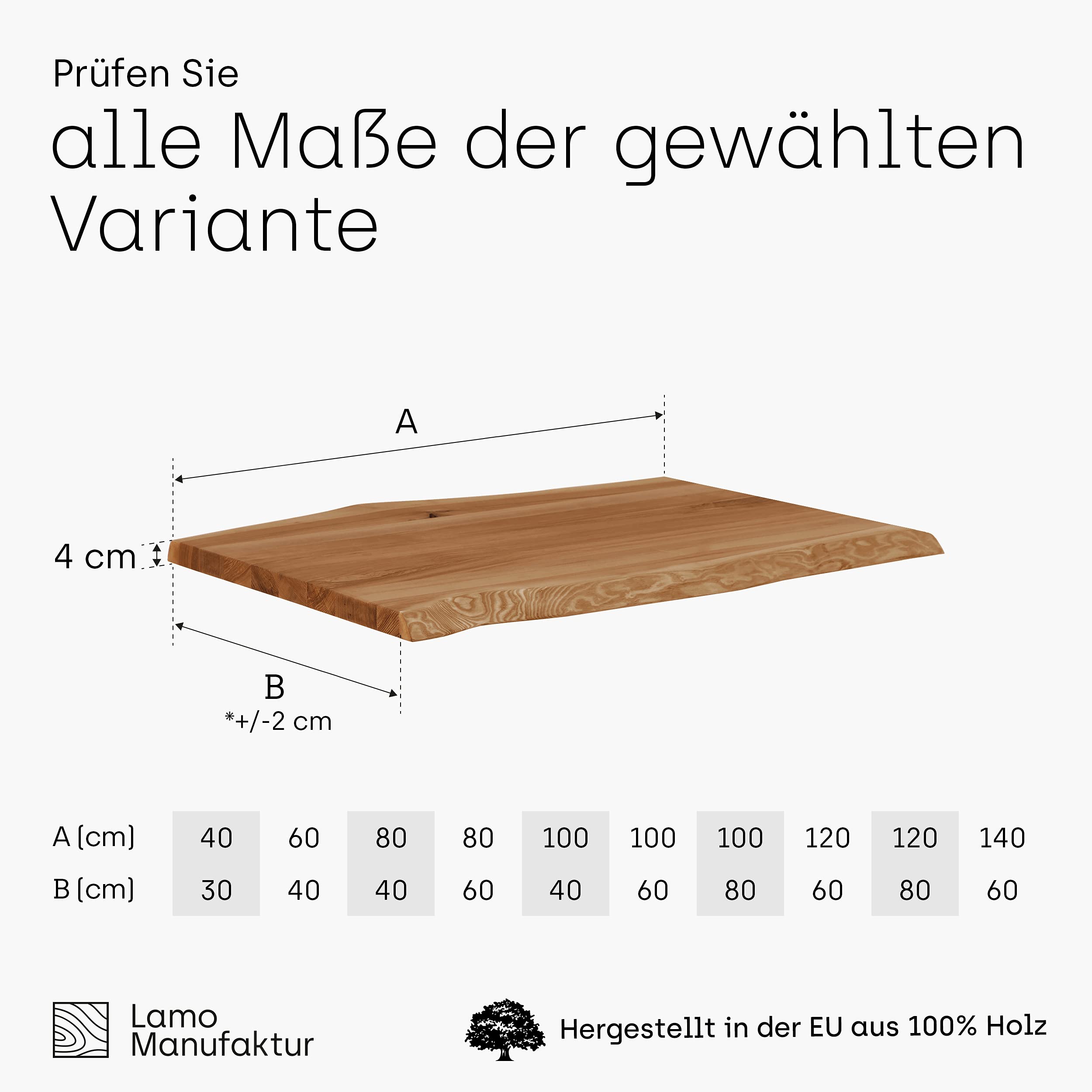 LAMO Manufaktur piano in legno con arrotondato per scrivania, tavolo da pranzo, 120x80 cm, Frassino Rustico, LHB-01-A-003-120