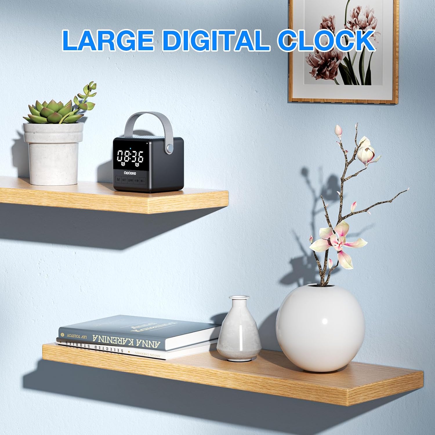 MOMOHO B40 speaker displaying time on a shelf