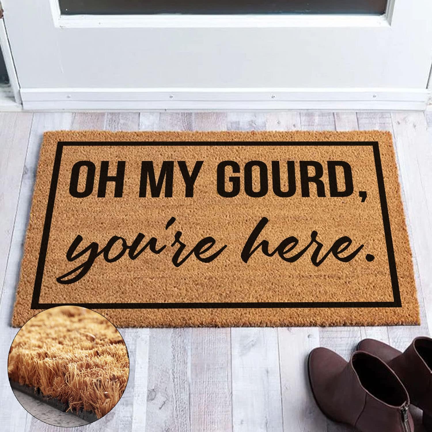 Funny Coir Doormat Oh My Gourd, You're Here Welcome Front Porch Decor For The Entrance Way Personalized Rugs With Heavy-Duty PVC Non Slip Backing Outdoor Coir Gift 23.6 x 15.7inch
