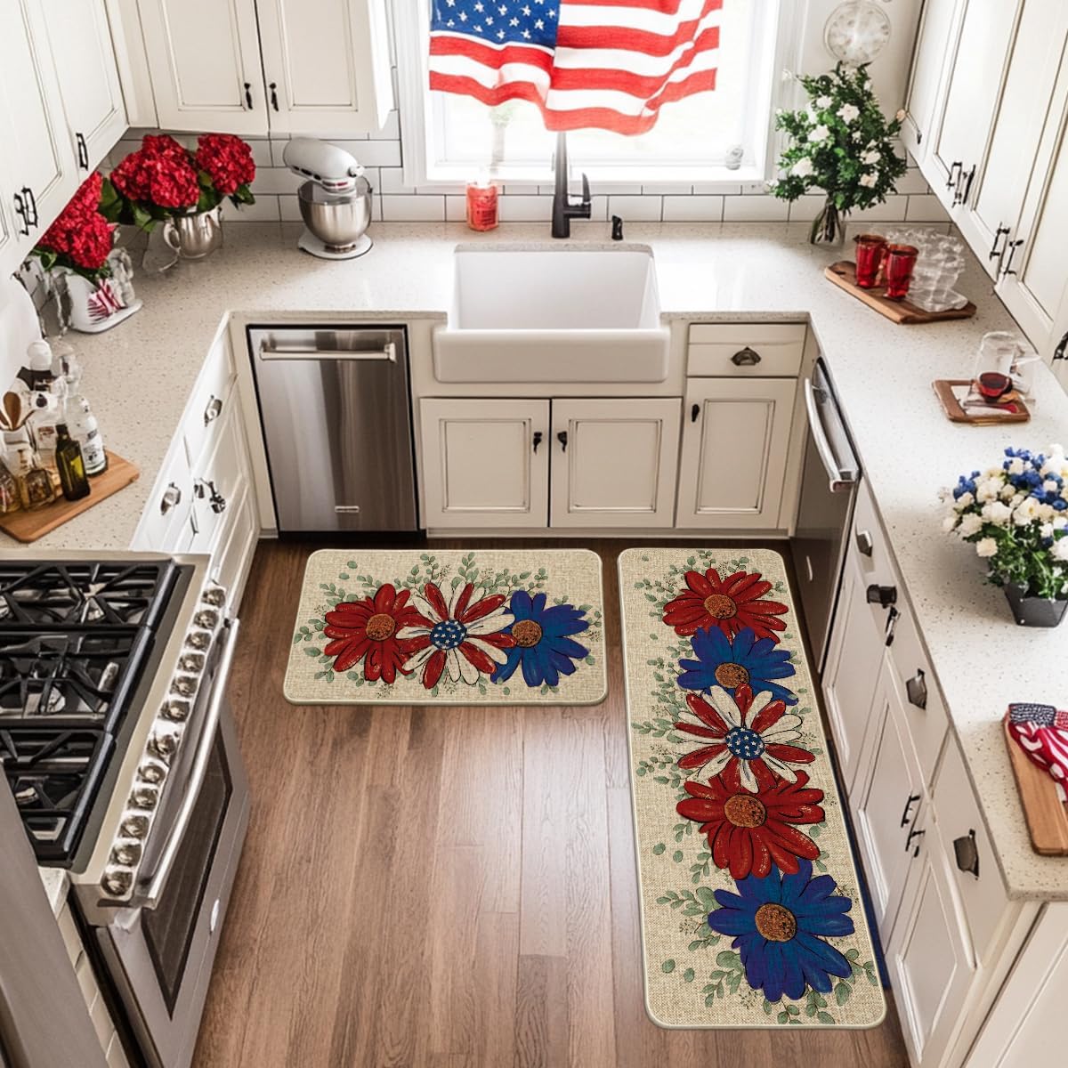 Artoid Mode Floral Eucalyptus Flowers 4TH of July Patriotic Kitchen Mats Set of 2, Memorial Day Home Decor Kitchen Rugs for Floor - 17x29 and 17x47 Inch