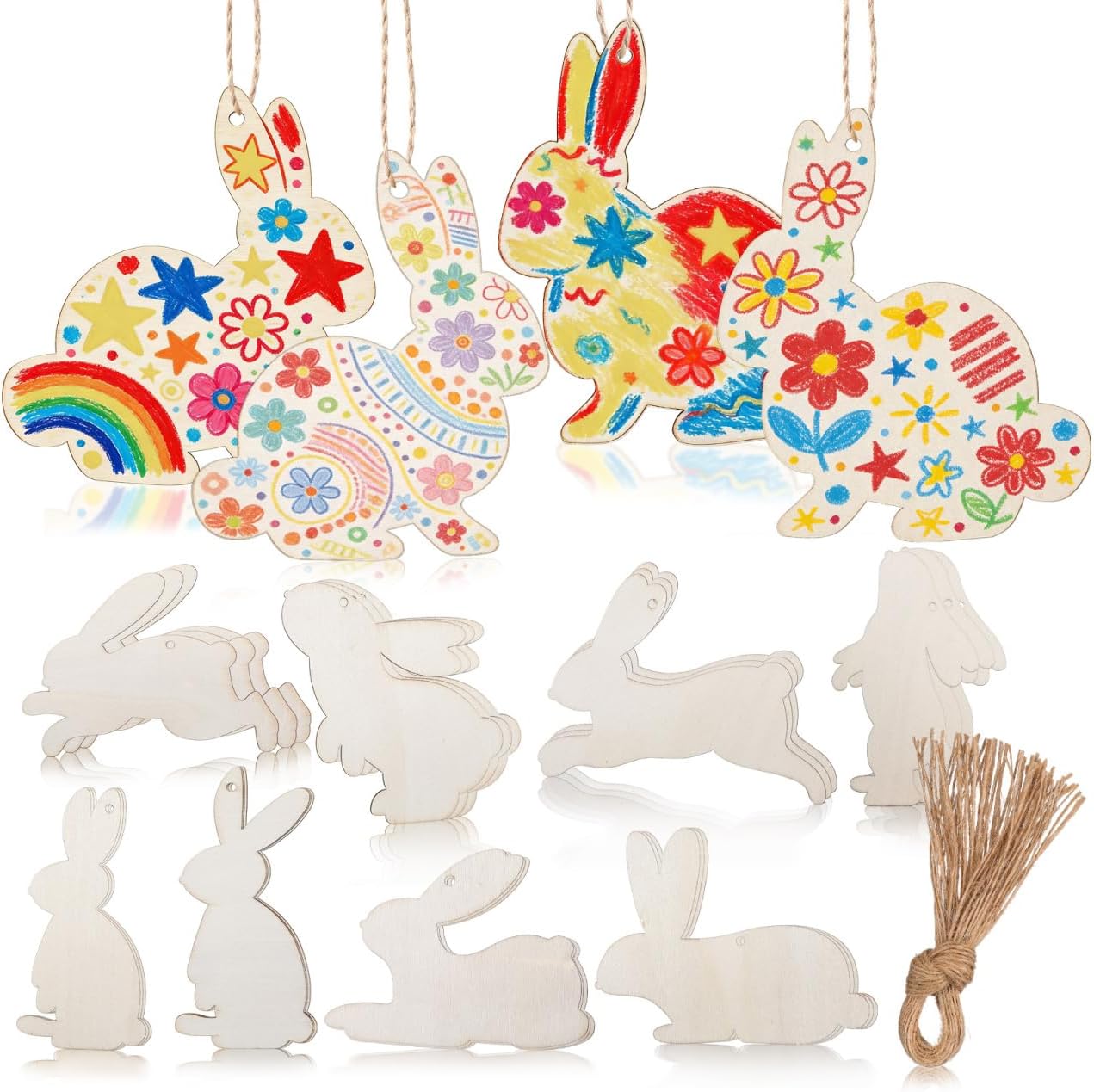 36Pcs Easter Bunny Wood Cutout Unfinished Wooden Bunny Slices Wood Rabbit Ornament Tags Easter Hanging Decorations for Party DIY Crafts (Style)