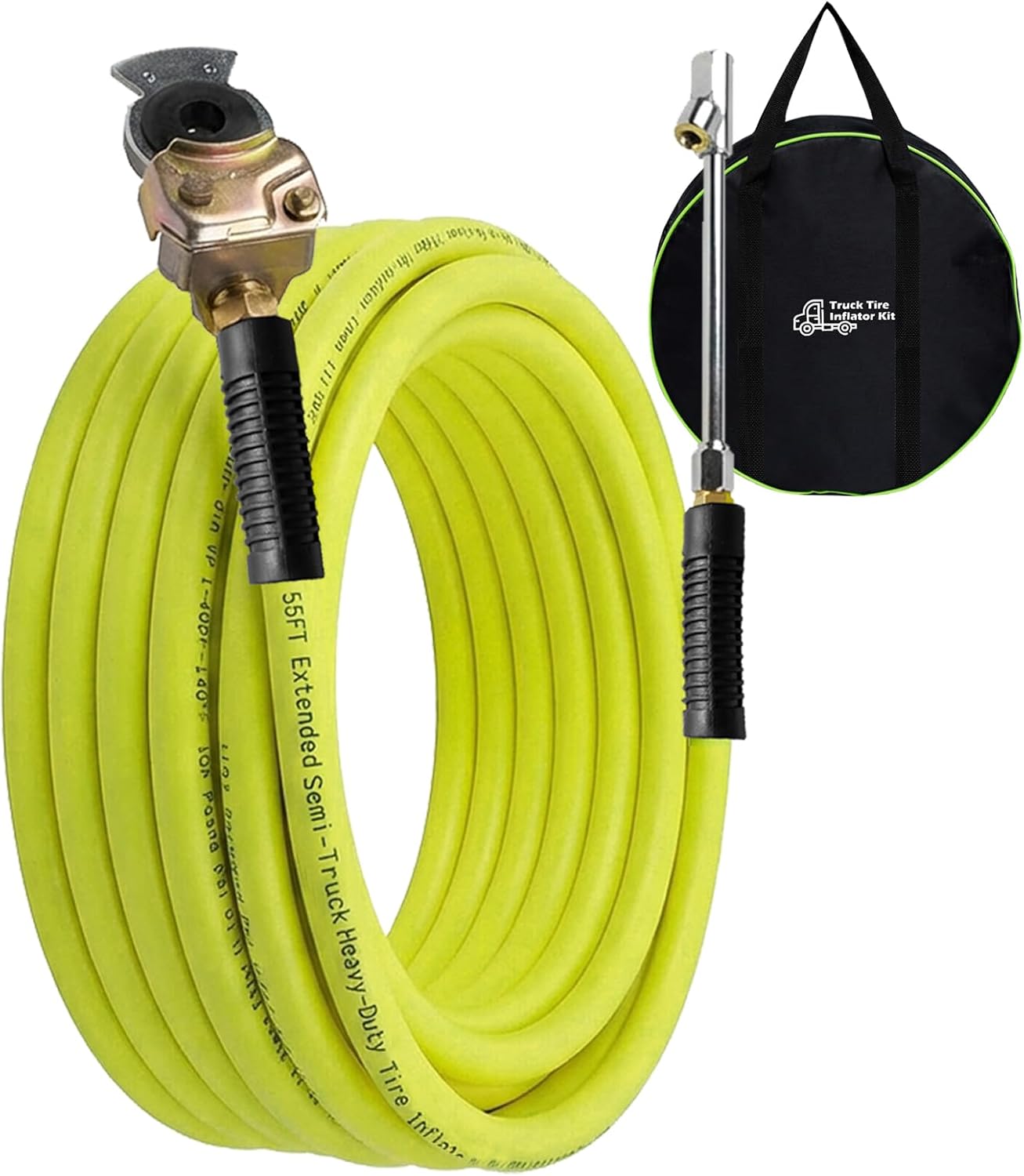Glad Hand Air Hose Kit, 3/8" x 55 FT Truck Tire Inflator Hose with Universal Gladhand, Includes Dual Head Chuck & Storage Bag, Connects to Semi Truck Air System for Roadside Emergency