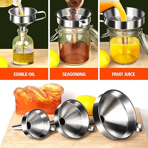 Miniatura 4 de YGDZ Embudo de acero inoxidable, 3 embudos de cocina para llenar botellas, embudo de metal grande de grado alimenticio con 3 coladores extraíbles, 2