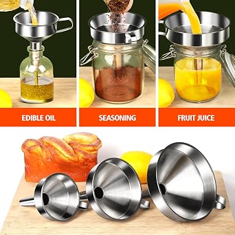 YGDZ Stainless Steel Funnel, 3PCS Kitchen Funnels for Filling Bottles Set, Large Food Grade Metal Funnel with 3pcs Removable Strainer, 2pcs Brushes, Funnels for Kitchen Use, Bottle Funnel for Liquid