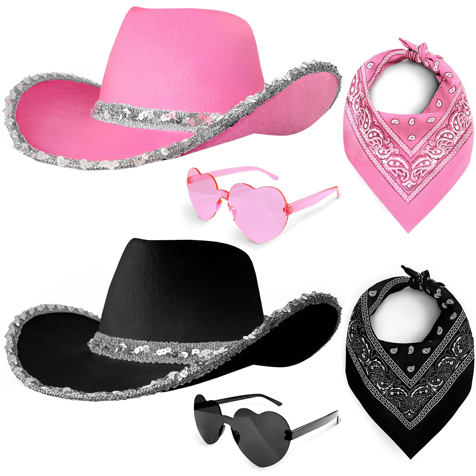 Pipihome Cowboy Hat Women, Cowgirl Hat, 6 Piece Set Western Hat with Bandana and Heart Sunglasses, Cow Girl Outfit Women for Wedding Bachelorette Birthday Party Costume Accessory