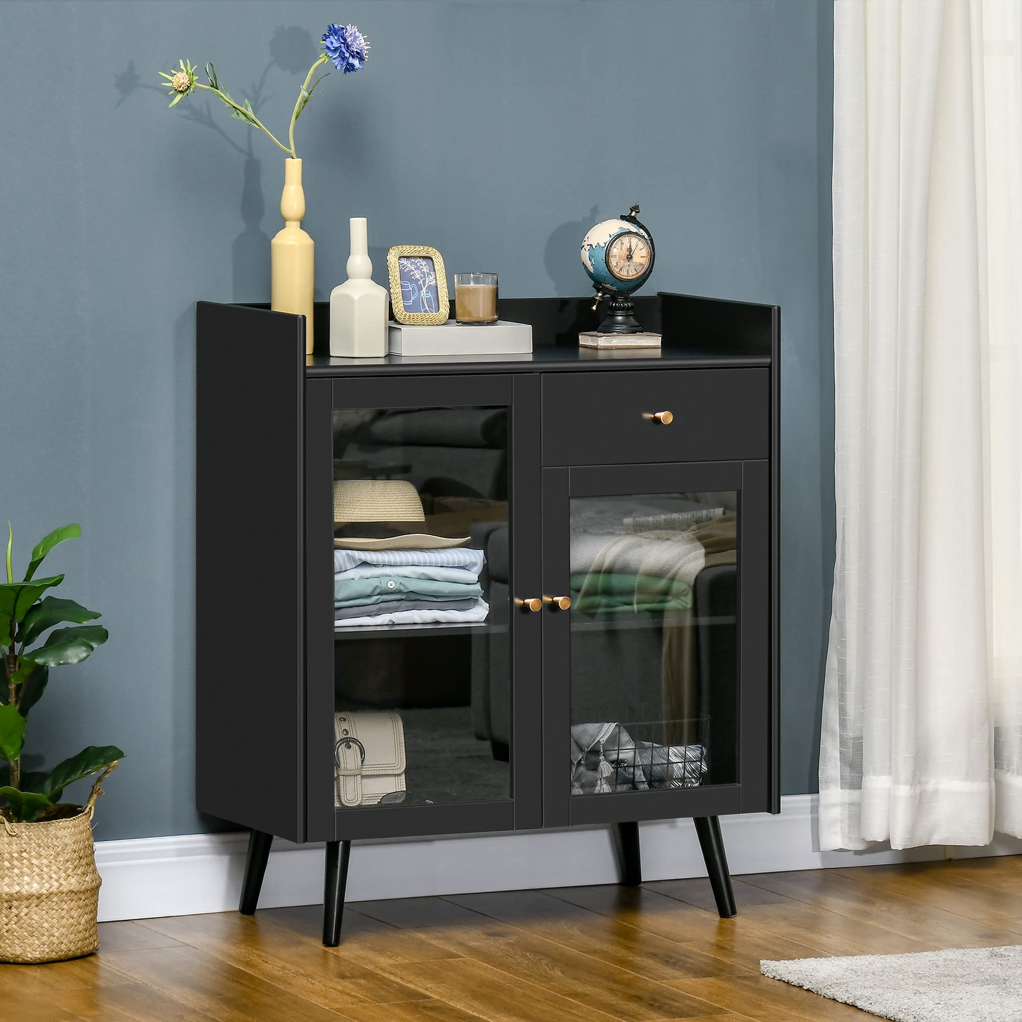 HOMCOM Armadietto Due Ante con Ripiano Regolabile, Piano d'Appoggio e Spazi Aperti in MDF e Legno, 80x40x94.3cm, Nero