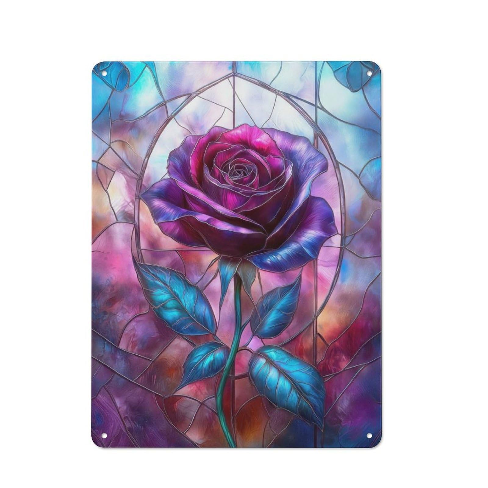 Junmoney Purple Stained Glass Rose Metal Plaque 40X30cm With For Pub Or Café, Rustic Decor, For Pub Decor Enthusiasts