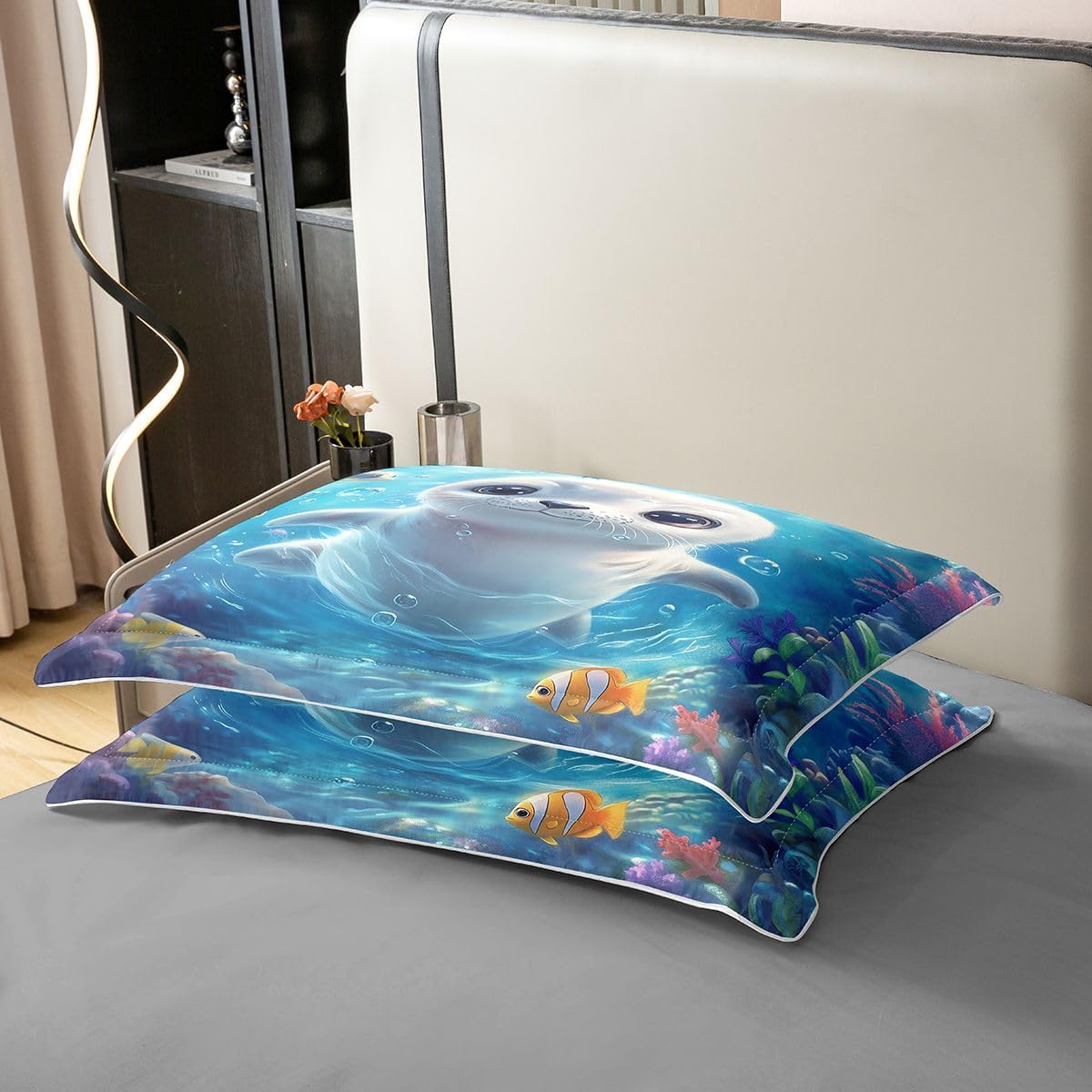 Erosebridal Cute Seal Bedding Set King for Kids - Kawaii Cartoon Sea Animal 100% Cotton Duvet Cover Colorful Marine Life Fish Comforter Cover Fresh Summer Themed Bed Set 3 Pcs