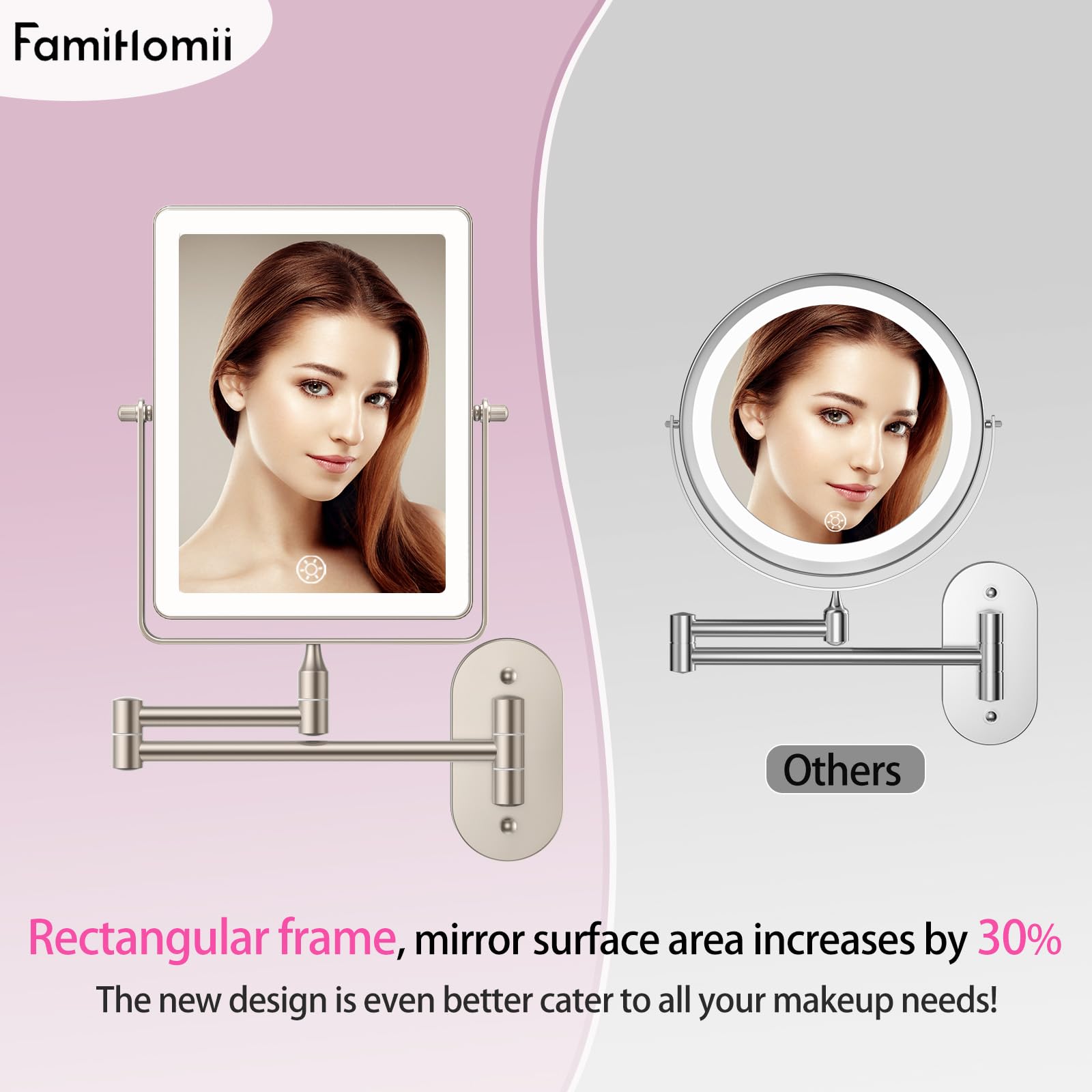 Specchio Da Trucco LED Famihomii Ricaricabile - 1X/10X Ingrandimento, Touch, Orientabile A Parete