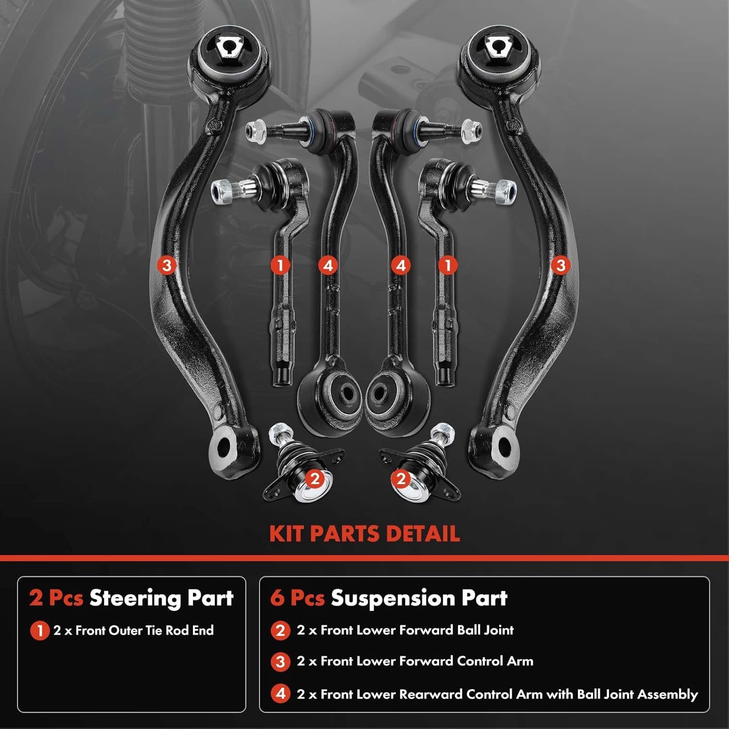 A-Premium Set of 8, Front Lower Forward & Rearward Control Arm, Lower Forward Ball Joint, Outer Tie Rod End, Compatible with BMW E53 Series - X5 2000 2001 2002 2003