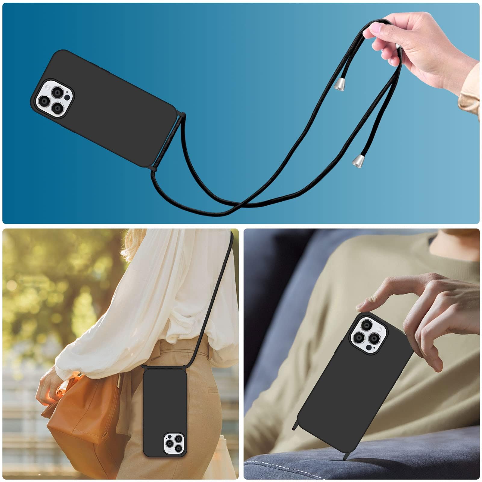 Coque Avec Cordon Pour IPhone 14 Pro Max - Silicone Noir, Collier Réglable 150cm