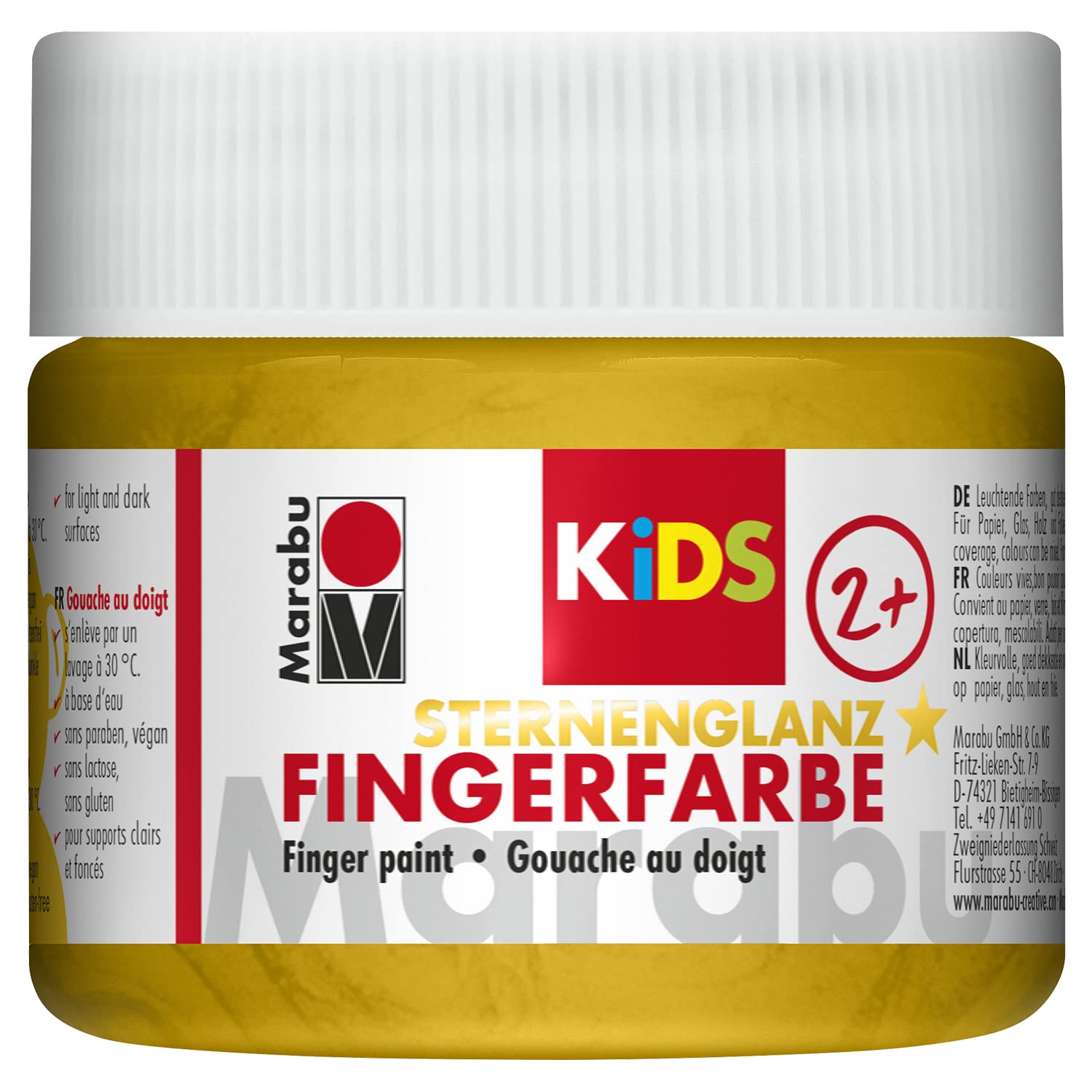 Marabu 03030050784 - Vernice a Dita Kids Oro Metallizzato 100 ml, a Base d'Acqua, Senza parabeni, vegana, Lavabile, per Bambini dai 3 Anni in su