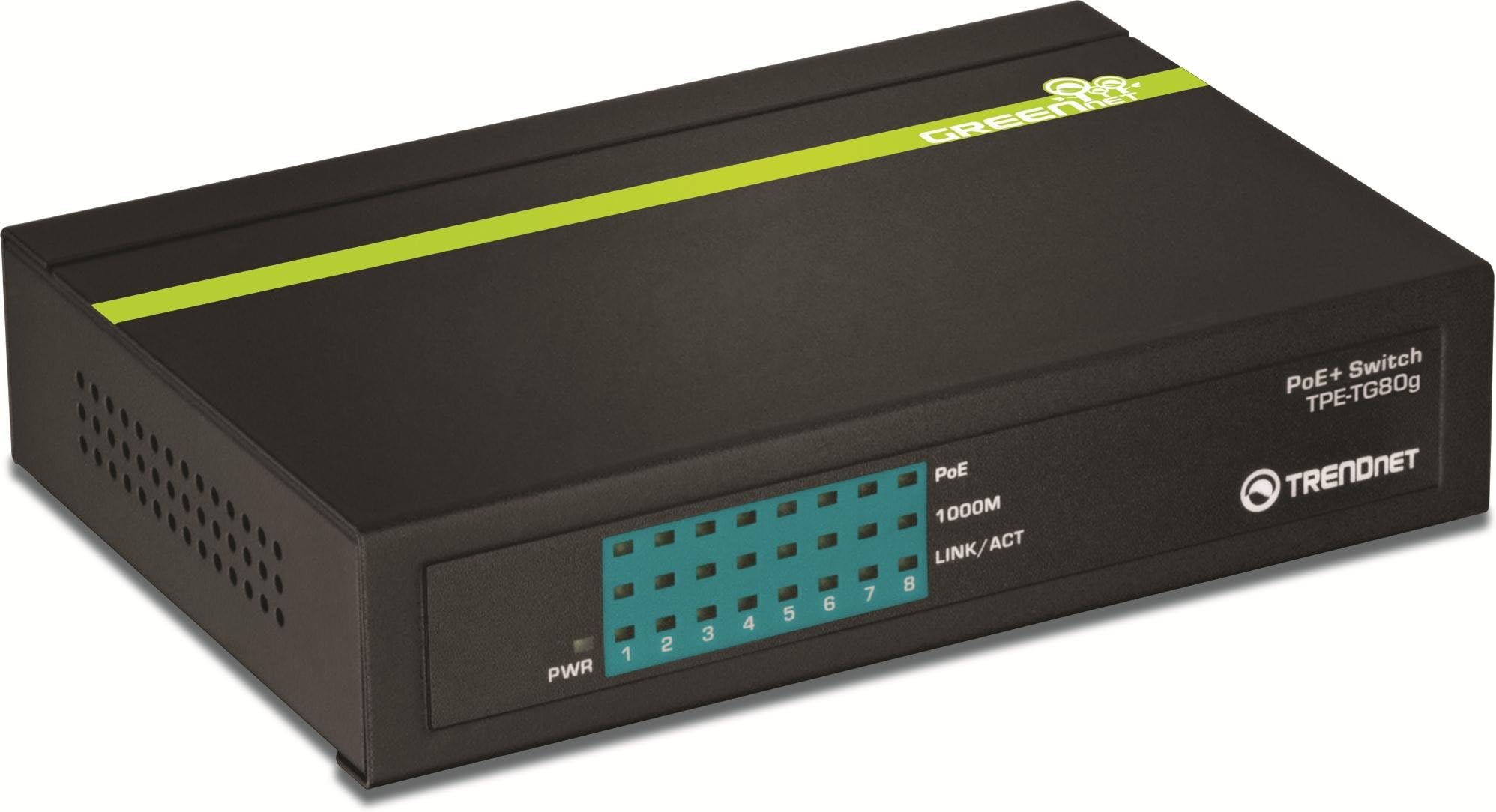 TRENDnet 8-Port Gigabit PoE+ Switch, 123 W PoE Power Budget, 16 Gbps Switching Capacity, Metal housing, TPE-TG80G.