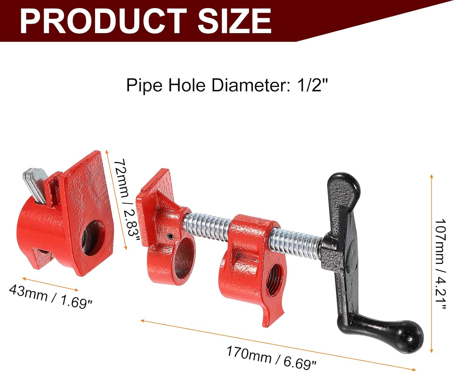 HARFINGTON 2Pcs Clamp Fixture 1/2" Black Pipe Steel Clamps Wood Gluing Pipe Clamp Set Cast Iron Woodworking Tool for Gluing and Drilling