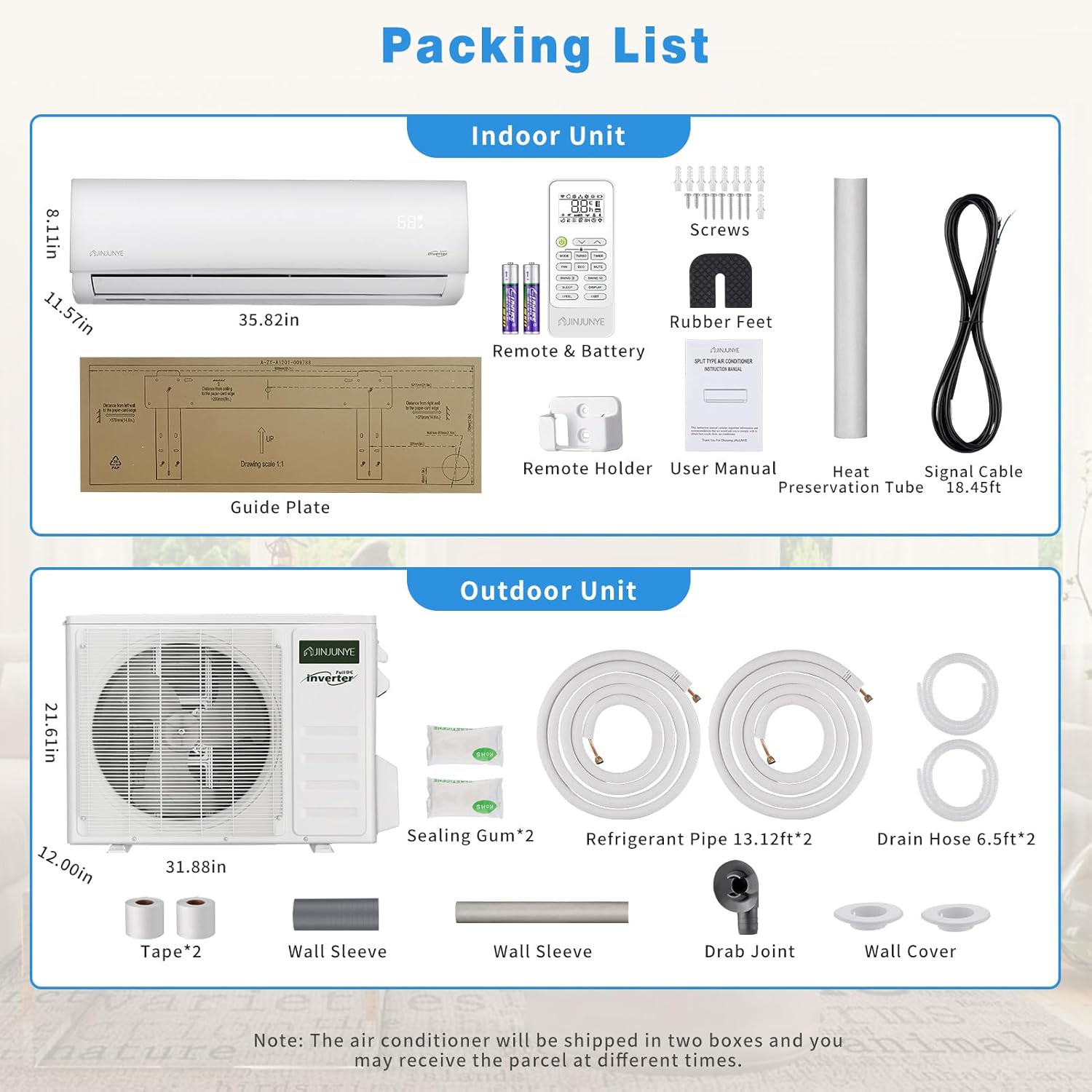 Diagram showing contents of indoor and outdoor unit packages
