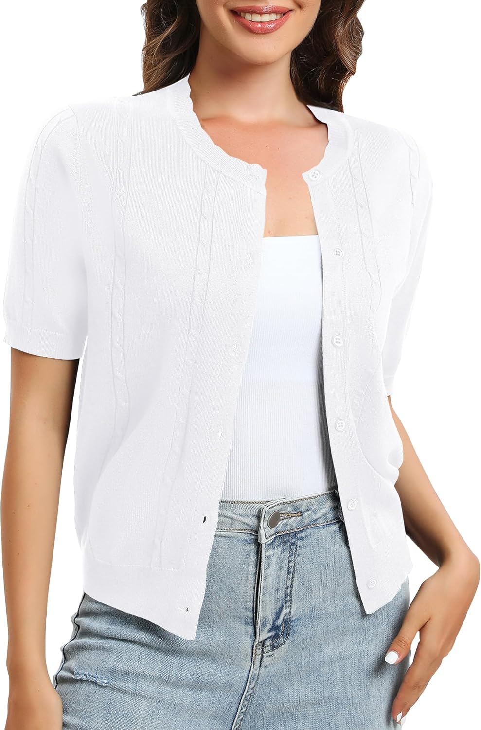 Urban CoCo Women's Short Sleeve Round Neck Cropped Cardigan Sweater Lightweight Shrug Sweaters for Women