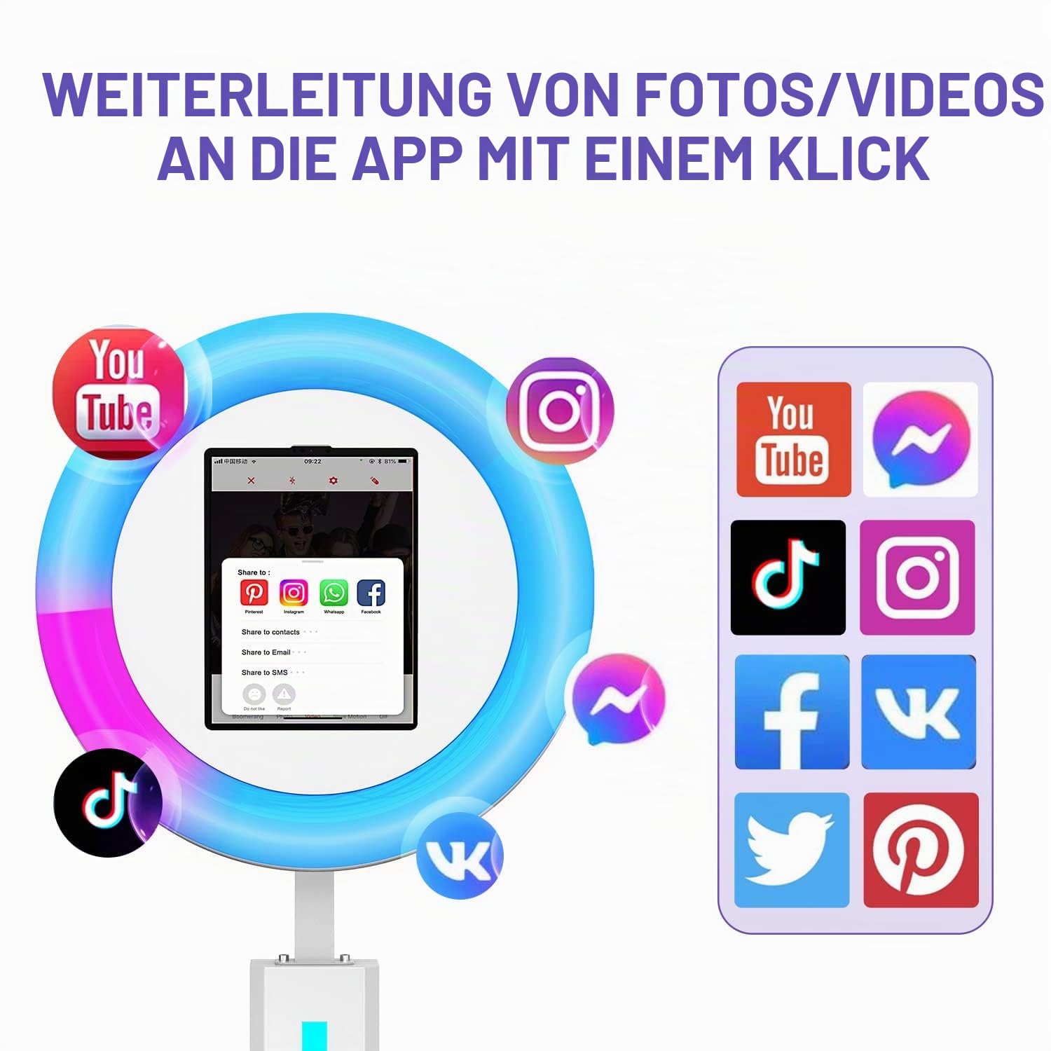 MWE Photo Booth Machin mit Flightcase, Unterstützung Software und Fernsteuerung, Geeignet für Partys, Hochzeiten, Verleihindustrie, YouTube, Video, Tiktok (Lichtleiste, Weiß)