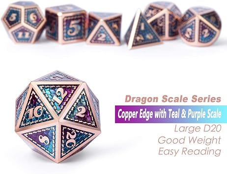 DNDND Dragon Scale Metal Dice Set,7 PCS Metallic D&D with Gift Case and 6PCS D6 Dice with Pouch