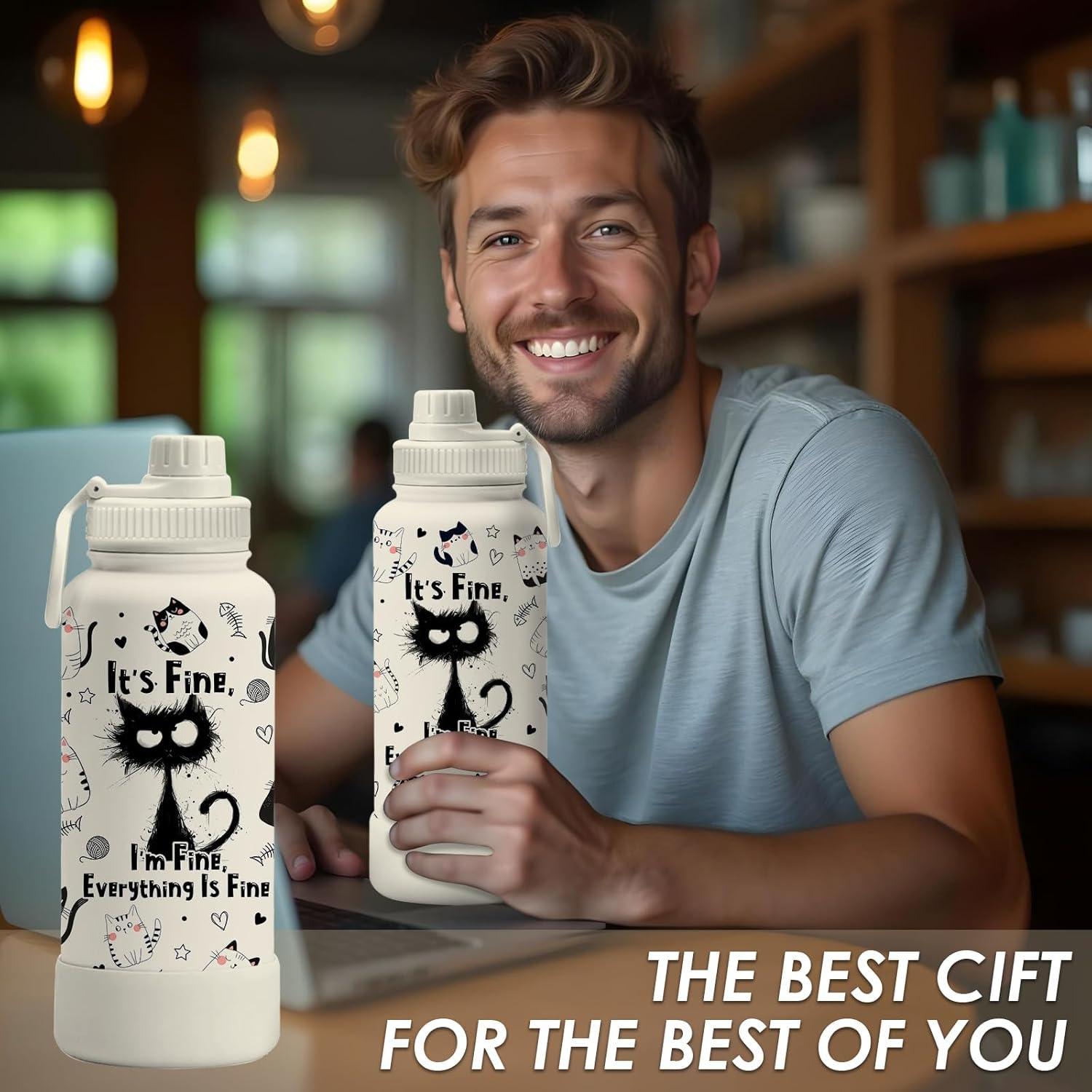 Cat Gifts for Women Girls - 34oz Black Cats Water Bottle, Everything Is Fine Cats Themed Insulated Travel Tumbler, Cute Coffee Cup for Cat Lovers, Mom, Funny Black Cat Christmas Birthday Gifts (1 pc) - Image 9