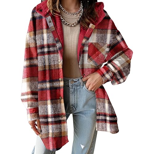 Dokotoo Women's Flannel Hooded Plaid 2025 Shacket Thick Coat Winter Coat for Warmth Button down Warm and Fuzzy Fleece Jacket