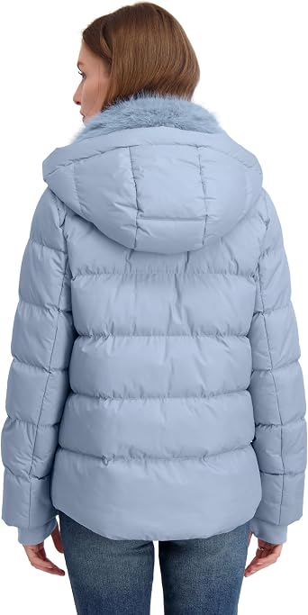 TAHARI Women's Short Quilted Puffer Jacket With Faux Fur Collar, Detachable Hood & Zipper Closure