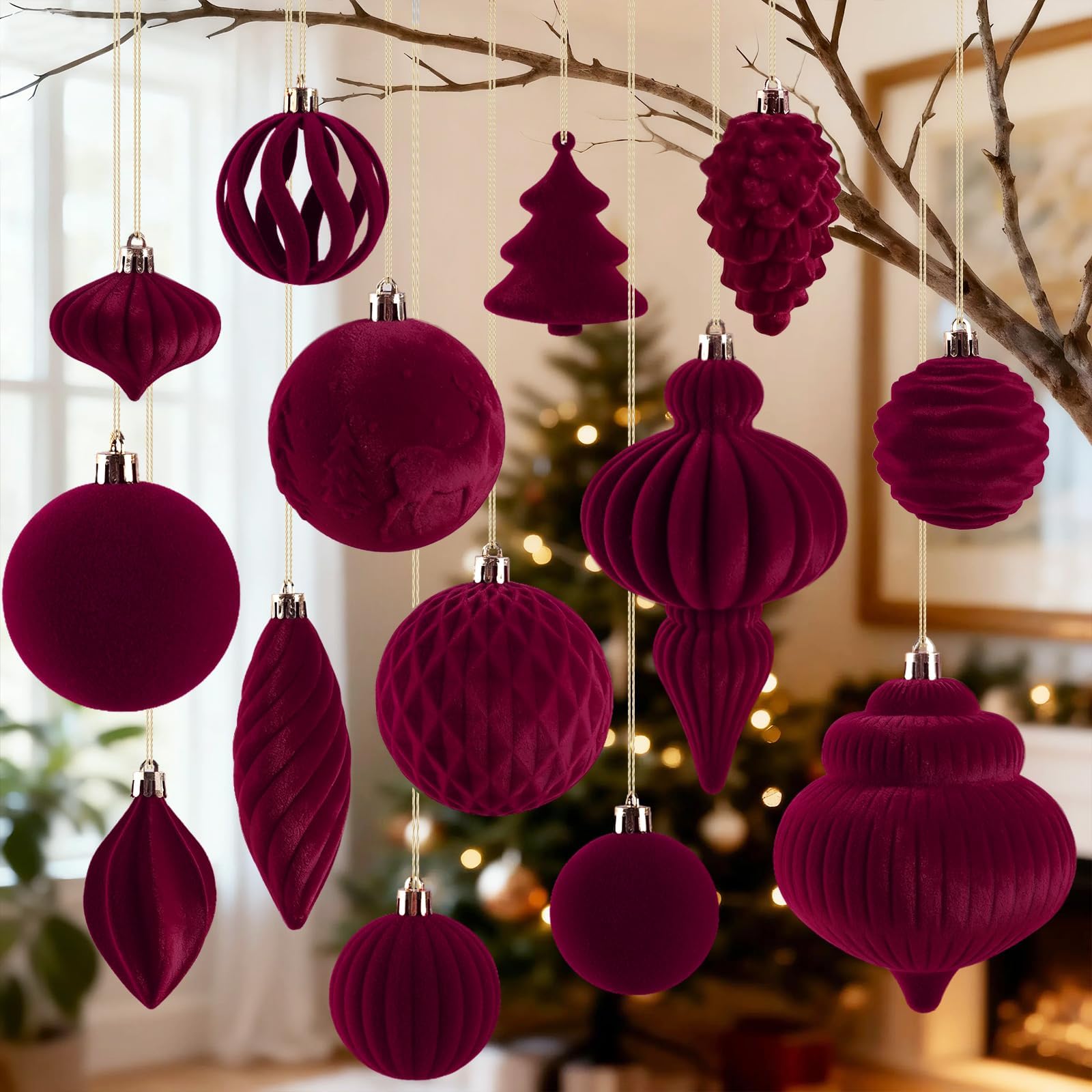 Velvet Christmas Ball Ornaments Set for Tree Decorations Burgundy
