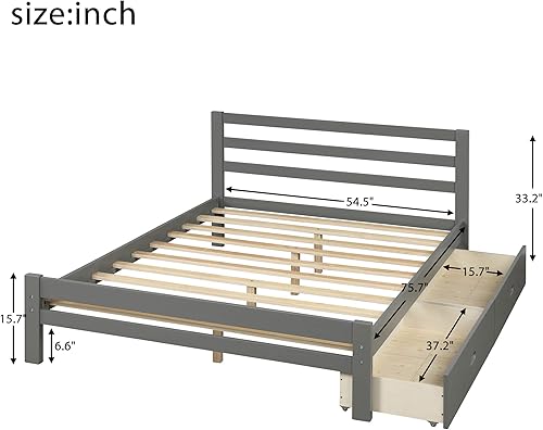 Miniatura 9 de Marco de cama de plataforma de madera maciza con cabecero y estribo, no necesita somier, fácil montaje, tamaño individual con cajones, color gris