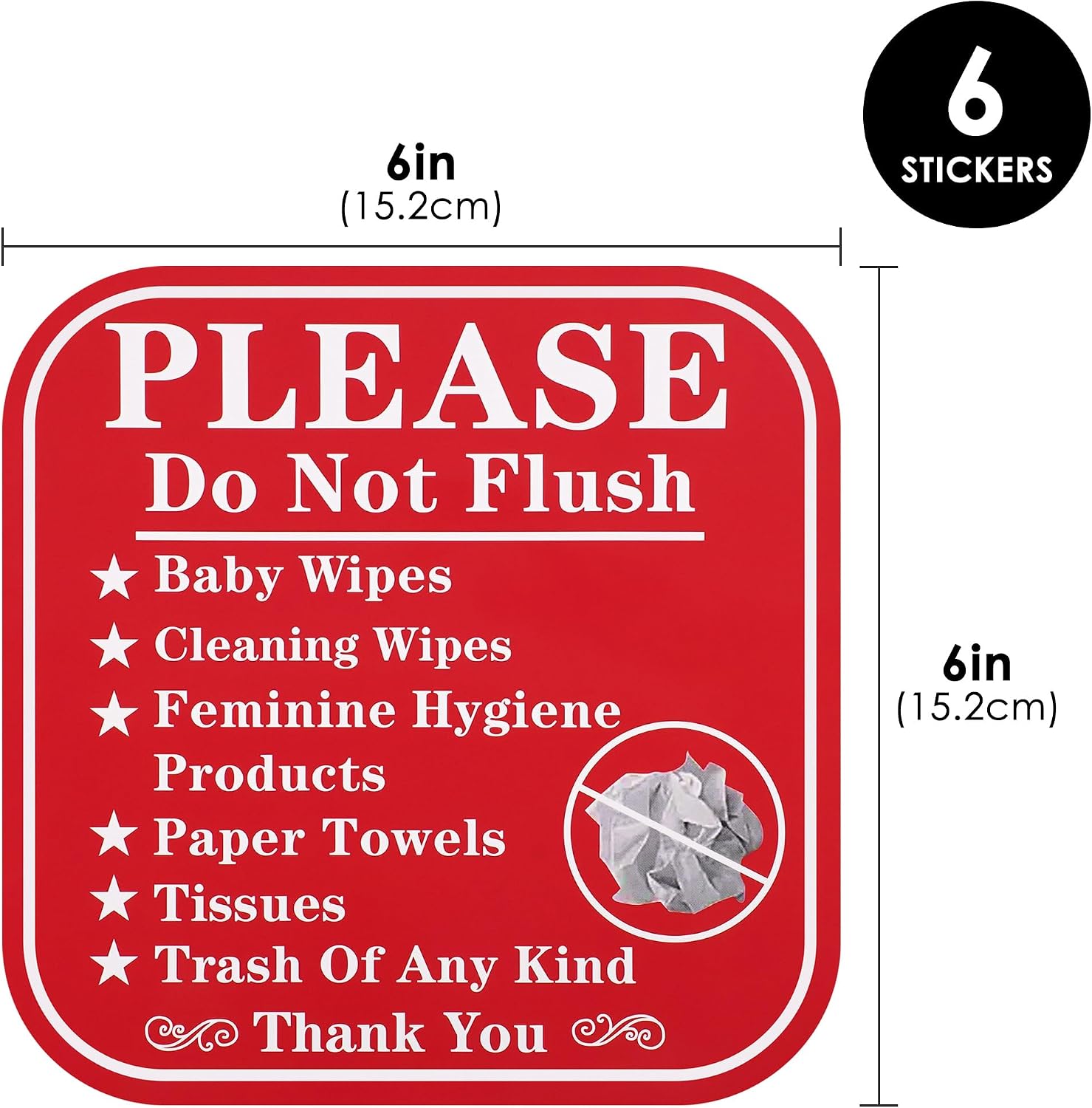 6 Sheets Please Do Not Flush Warning Stickers - Waterproof Self-Adhesive Bathroom Toilet Signs, Restroom Reminder Decals for No Wipes, Tissues or Trash Disposal (Red) image 2