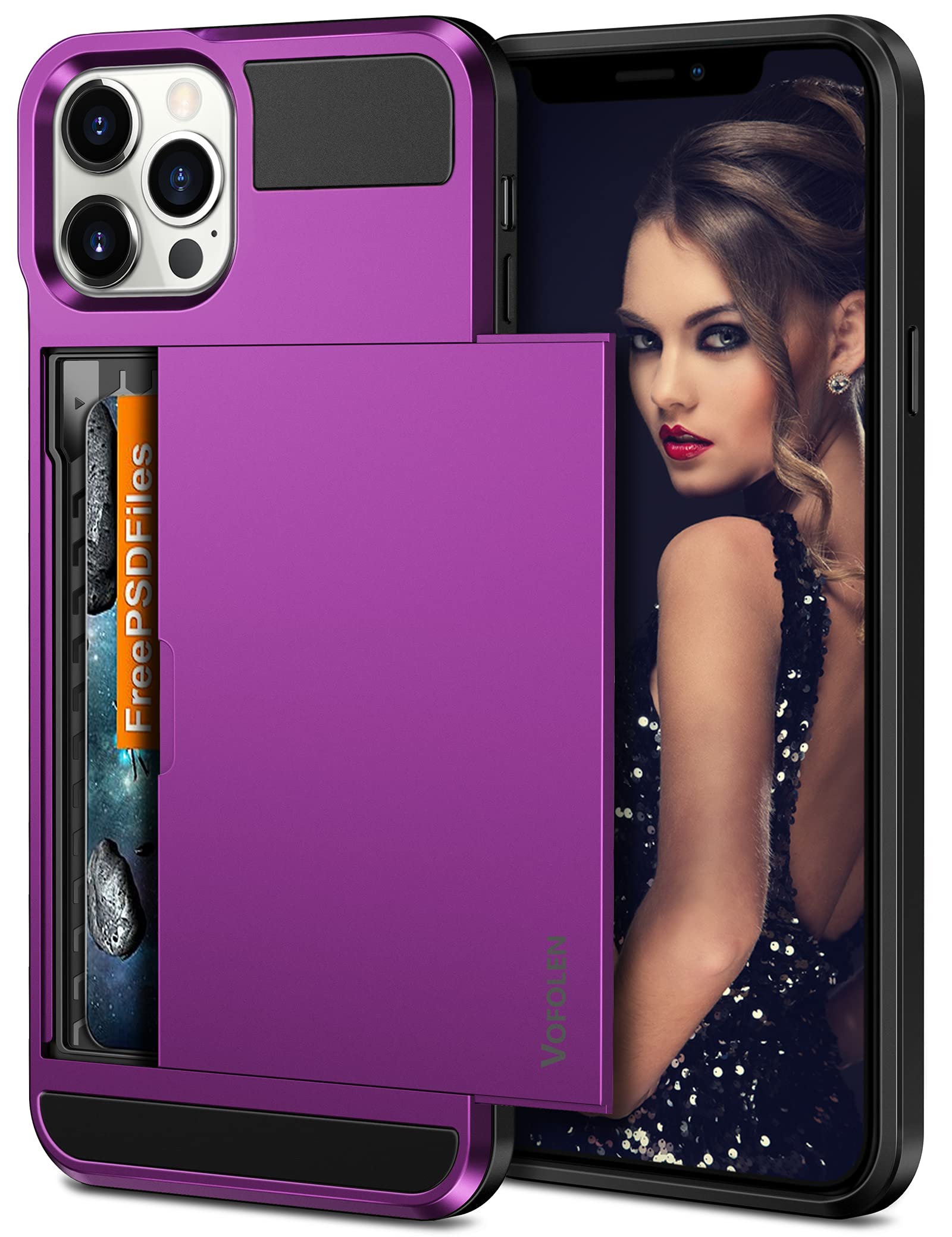 Vofolen for iPhone 13 Pro Case Wallet Credit Card Holder Slot Sliding Door Hidden Pocket Men Women Anti-Scratch Dual Layer Hybrid Bumper Armor Protective Hard Shell Back Cover for iPhone 13 Pro Purple